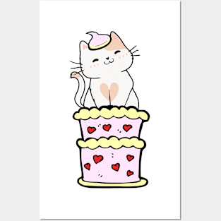 Funny white cat jumping out of a cake Posters and Art